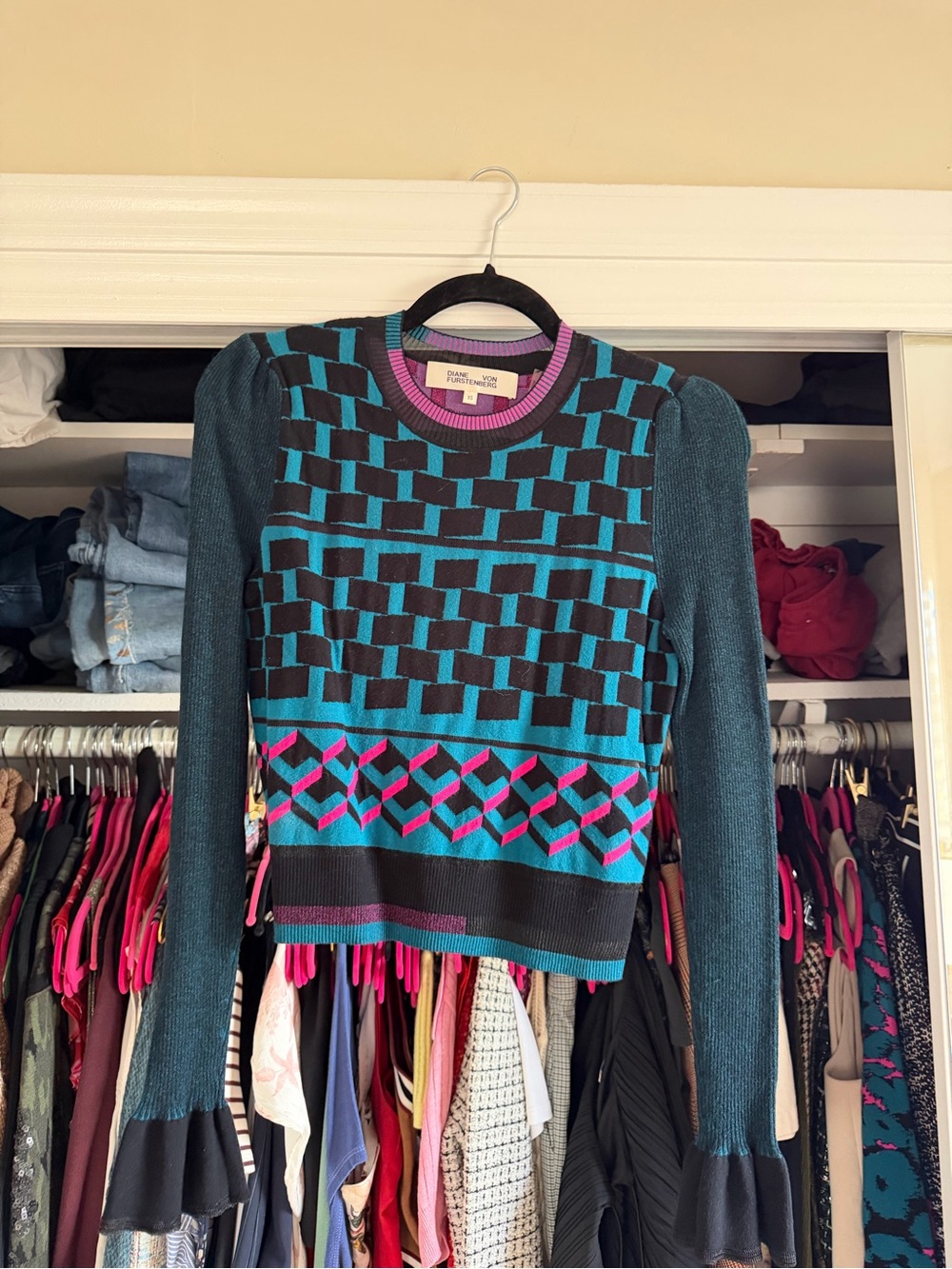 Diane Von Furstenberg Teal Sweater with Pink and Black Geometric Pattern